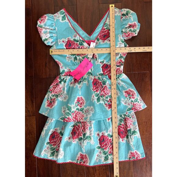 Betsy Johnson Rose Garden Seersucker Zip Front Mini Dress Aqua Floral size Small - Picture 9 of 13